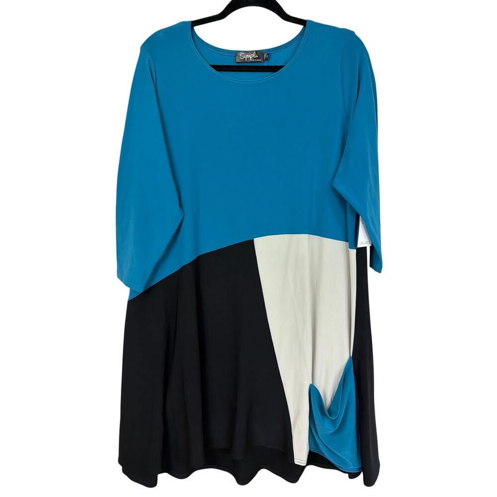 NWT Sympli Blue Black And White 3/4 Sleeve High-Low Top 0G 16 18